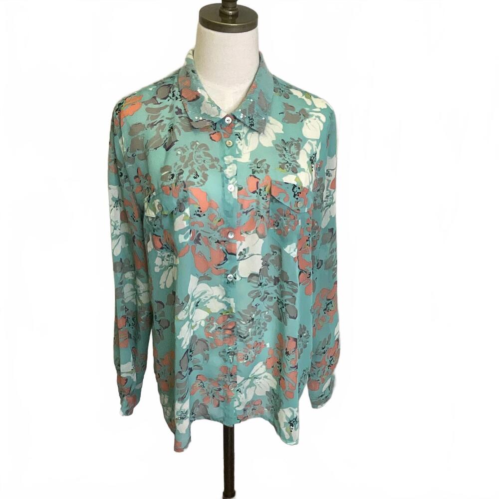 Jeans by Buffalo Womens Large Blue Watercolor Pastel Long Sleeve Button Down Top